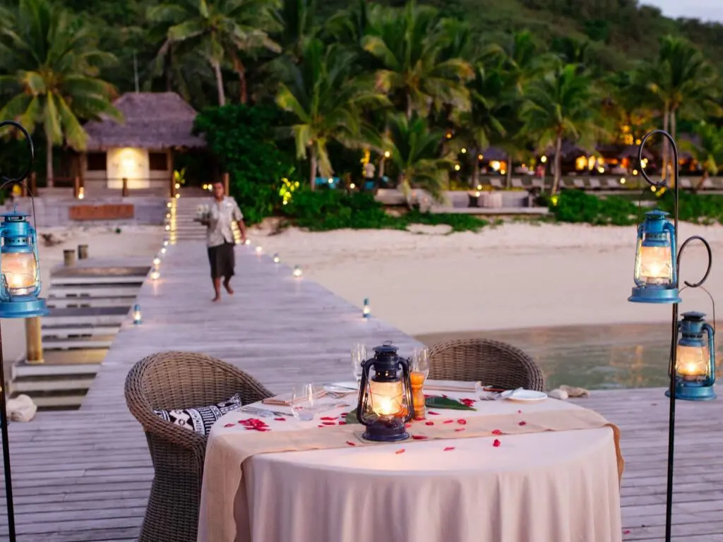 Tokoriki Island Resort private dinners on the boardwalk newlyweds