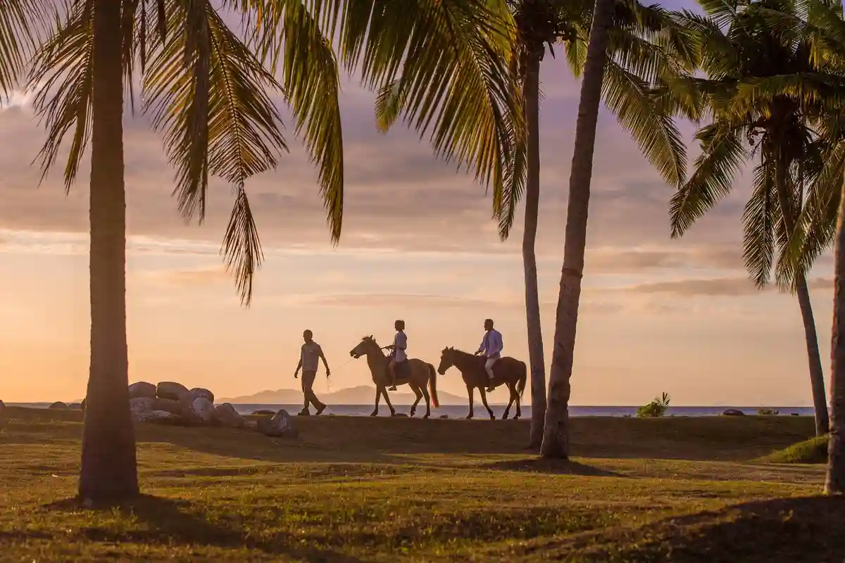 a couple being led on horseback as the sunsets over sonalesi island