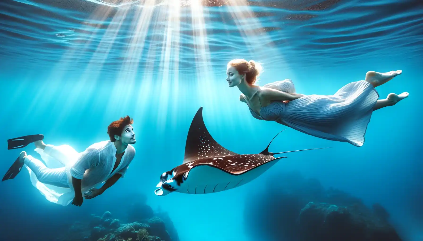 Couple swimming with manta rays as barefoot manta island